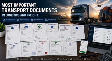 Raccolta di importanti documenti di trasporto tra cui CMR, fattura, documenti doganali e tracciamento digitale della logistica in Europa